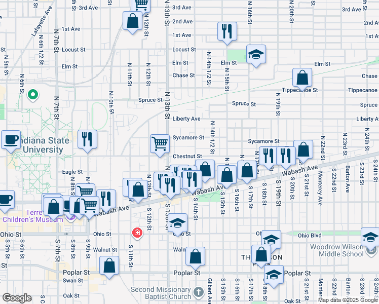 map of restaurants, bars, coffee shops, grocery stores, and more near 1354 Chestnut Street in Terre Haute