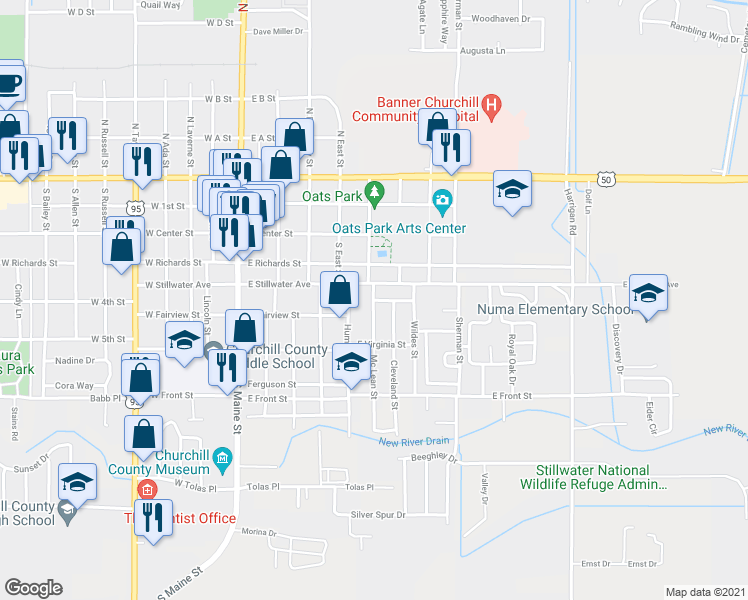 map of restaurants, bars, coffee shops, grocery stores, and more near 500 Cleveland Street in Fallon