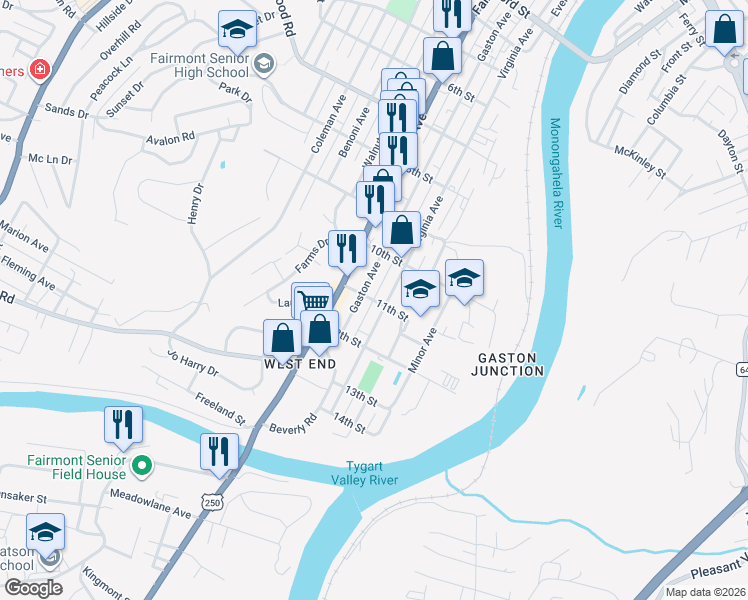map of restaurants, bars, coffee shops, grocery stores, and more near 307 11th Street in Fairmont