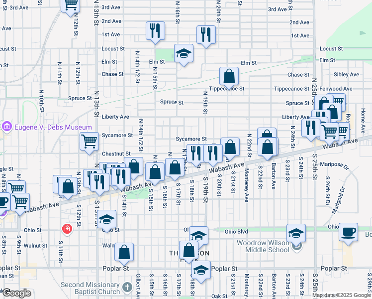 map of restaurants, bars, coffee shops, grocery stores, and more near 1702 Chestnut Street in Terre Haute