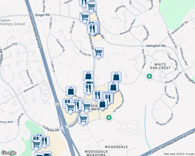 map of restaurants, bars, coffee shops, grocery stores, and more near 3309 Emmorton Road in Abingdon
