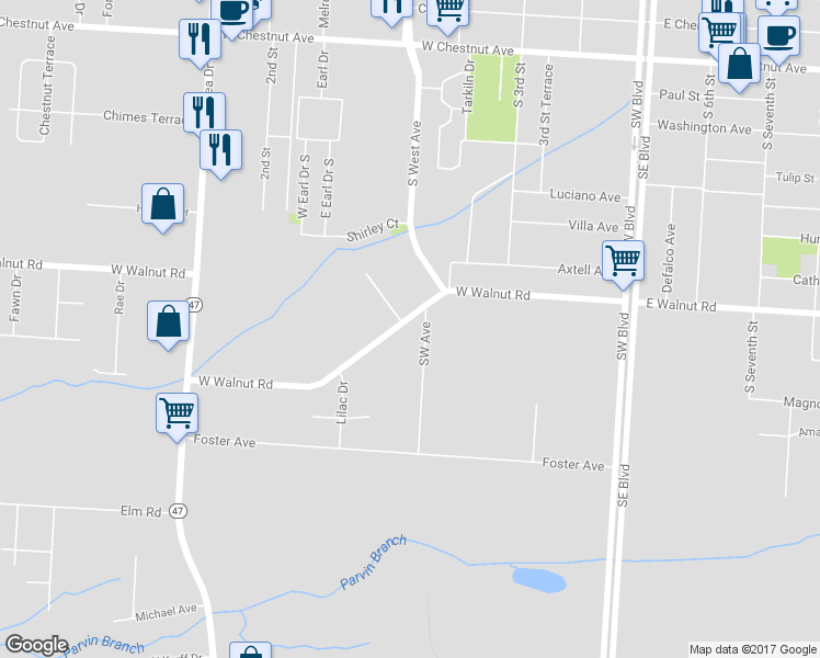 map of restaurants, bars, coffee shops, grocery stores, and more near 461 West Walnut Road in Vineland