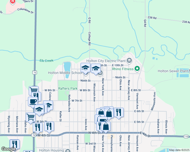 map of restaurants, bars, coffee shops, grocery stores, and more near 901 New York Avenue in Holton