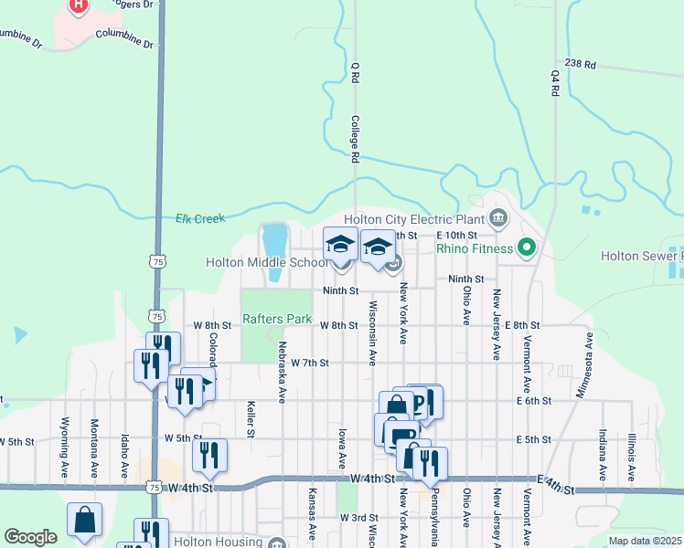 map of restaurants, bars, coffee shops, grocery stores, and more near 900 Iowa Avenue in Holton