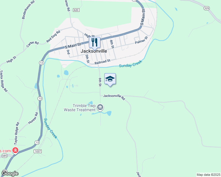 map of restaurants, bars, coffee shops, grocery stores, and more near 18500 Jacksonville Road in Glouster
