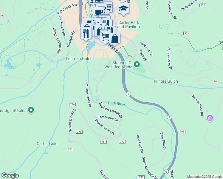 map of restaurants, bars, coffee shops, grocery stores, and more near 290 Broken in Breckenridge