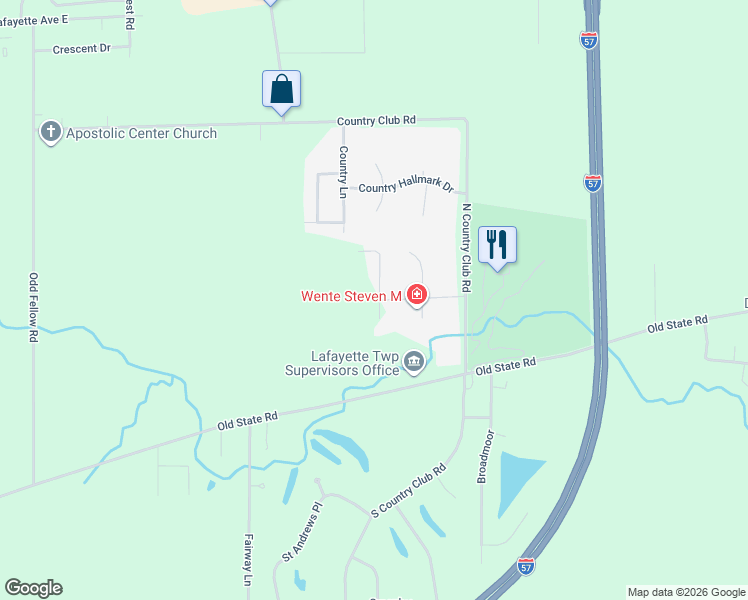 map of restaurants, bars, coffee shops, grocery stores, and more near 26 Nantucket in Mattoon