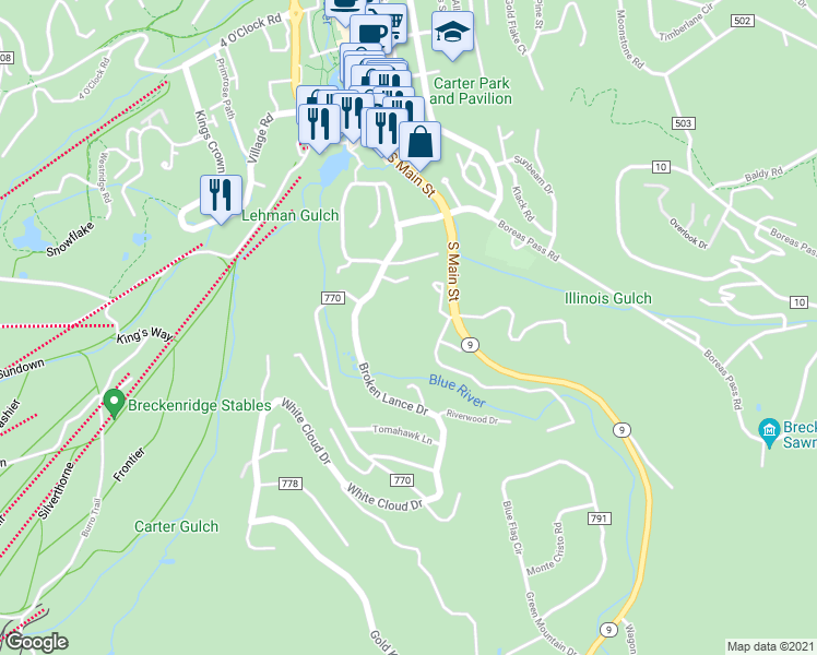 map of restaurants, bars, coffee shops, grocery stores, and more near 290 Broken in Breckenridge