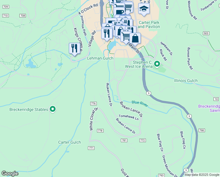 map of restaurants, bars, coffee shops, grocery stores, and more near 1309 Broken Lance Drive in Breckenridge