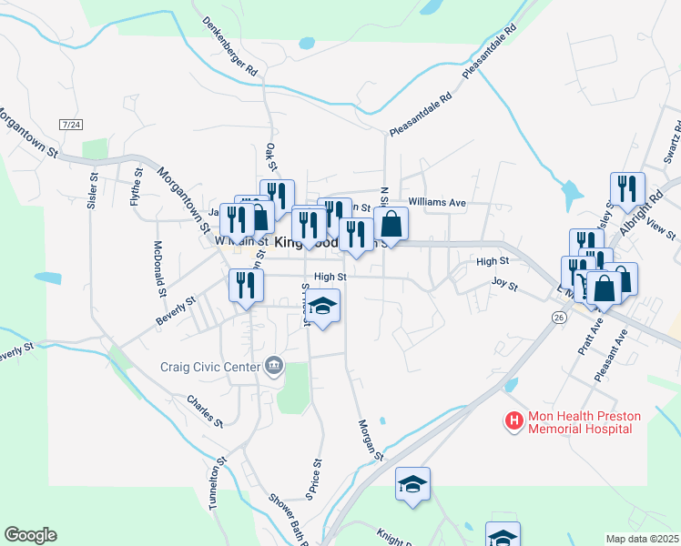 map of restaurants, bars, coffee shops, grocery stores, and more near 115 East High Street in Kingwood