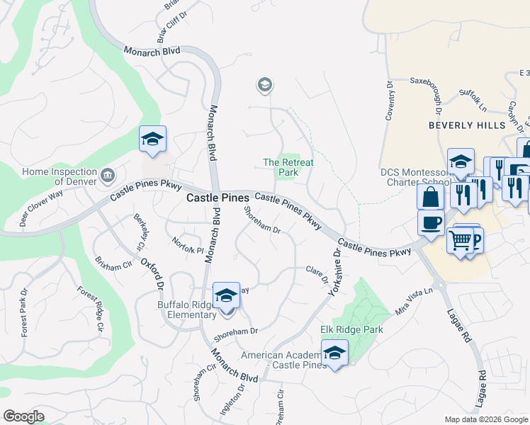 map of restaurants, bars, coffee shops, grocery stores, and more near 7454 Tenby Court in Castle Rock