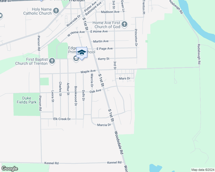 map of restaurants, bars, coffee shops, grocery stores, and more near 302 East Oak Avenue in Trenton