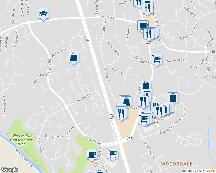 map of restaurants, bars, coffee shops, grocery stores, and more near 3224 Trellis Lane in Abingdon