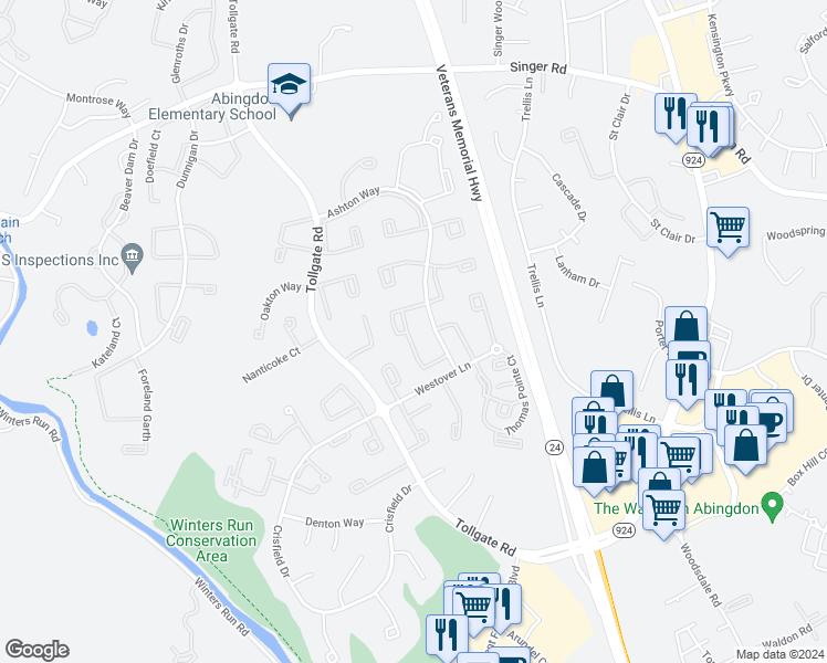 map of restaurants, bars, coffee shops, grocery stores, and more near 3359 Garrison Circle in Abingdon