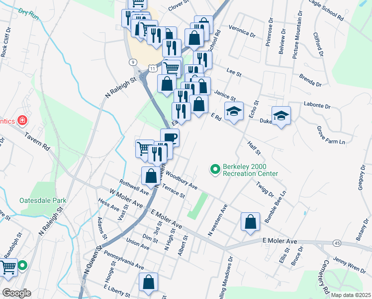 map of restaurants, bars, coffee shops, grocery stores, and more near 1207 Grazier Street in Martinsburg