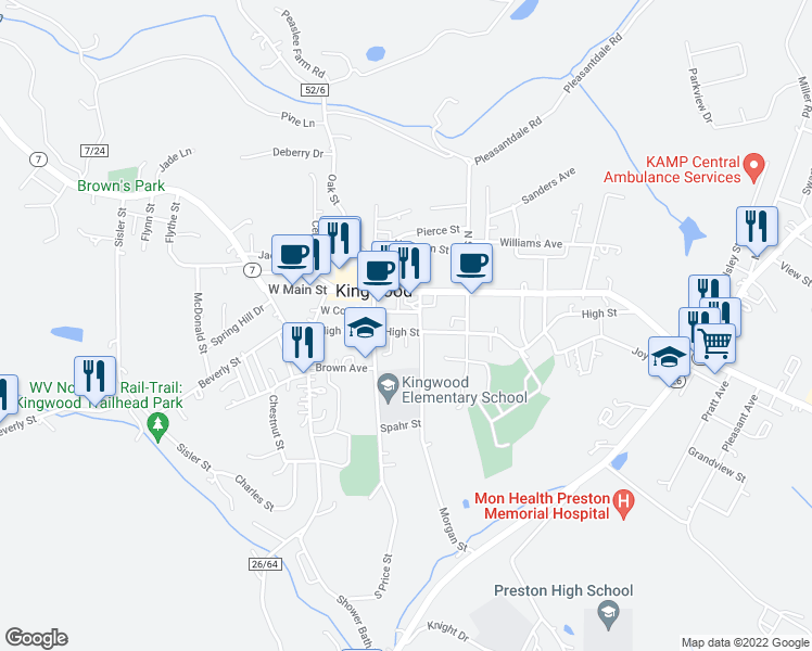 map of restaurants, bars, coffee shops, grocery stores, and more near 115 East High Street in Kingwood