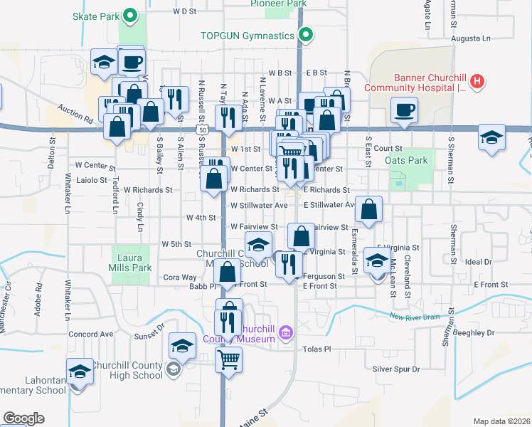 map of restaurants, bars, coffee shops, grocery stores, and more near 445 South Laverne Street in Fallon