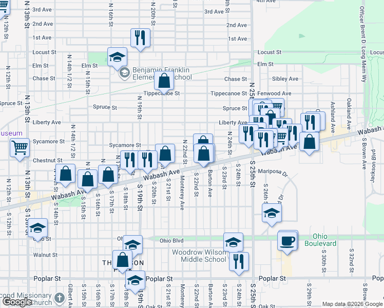 map of restaurants, bars, coffee shops, grocery stores, and more near 2215 Sycamore Street in Terre Haute
