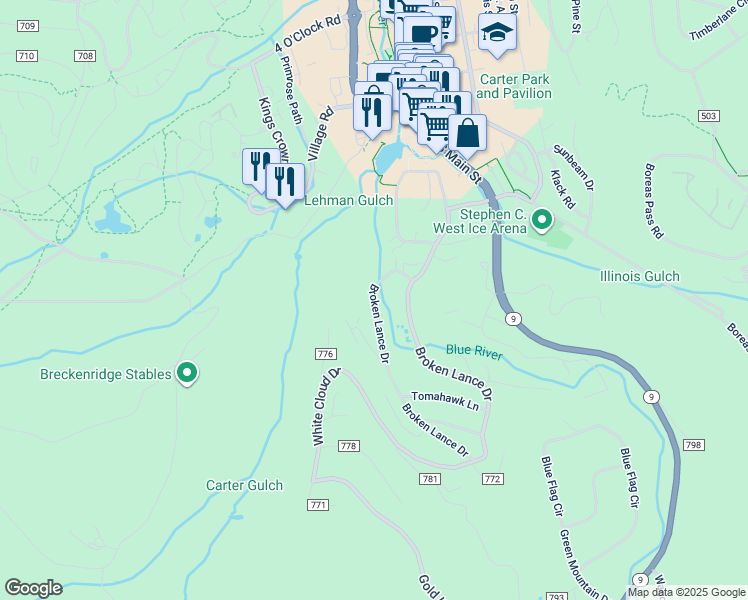 map of restaurants, bars, coffee shops, grocery stores, and more near 1309 Broken Lance Drive in Breckenridge