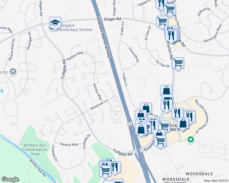 map of restaurants, bars, coffee shops, grocery stores, and more near 3361 Cheverly Court in Abingdon