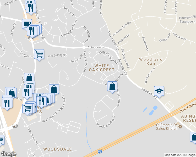 map of restaurants, bars, coffee shops, grocery stores, and more near 3424 Winter Moss Court in Abingdon
