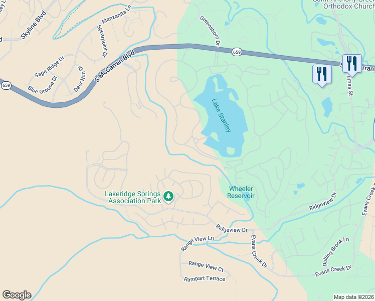 map of restaurants, bars, coffee shops, grocery stores, and more near 2790 West Lake Ridge Shores in Reno