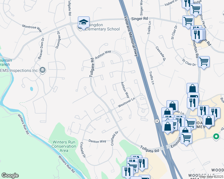 map of restaurants, bars, coffee shops, grocery stores, and more near 3320 Garrison Circle in Abingdon
