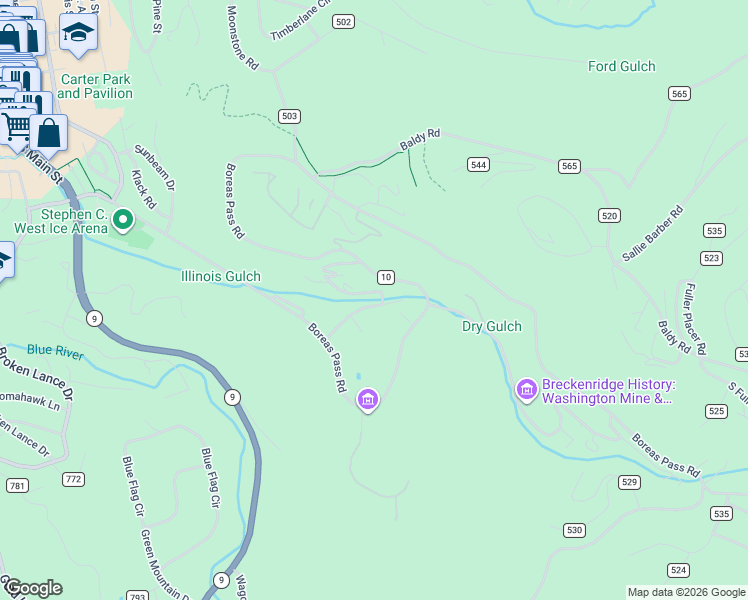 map of restaurants, bars, coffee shops, grocery stores, and more near 1108 Bright Hope Circle in Breckenridge