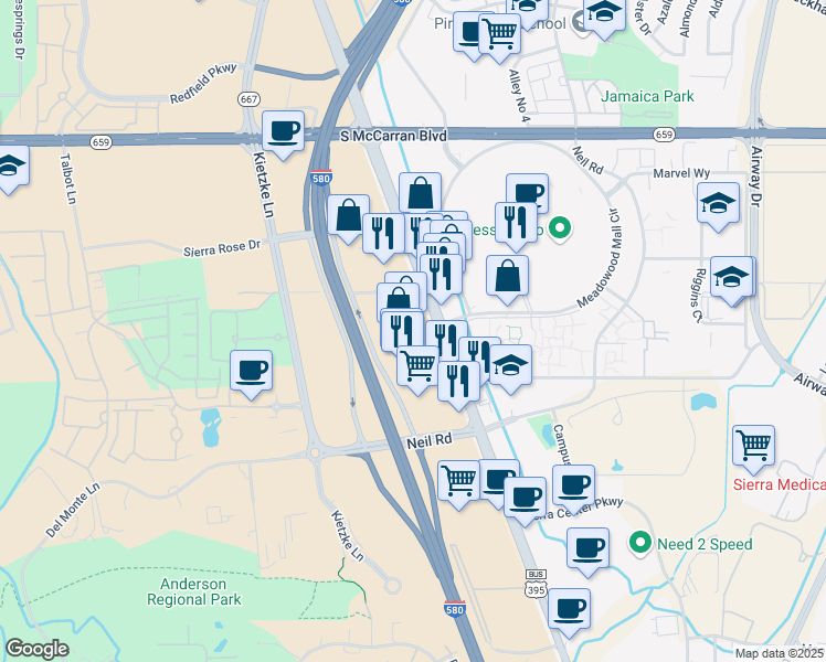 map of restaurants, bars, coffee shops, grocery stores, and more near 6001 South Virginia Street in Reno