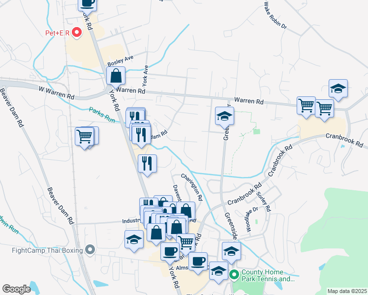 map of restaurants, bars, coffee shops, grocery stores, and more near Saint Elmo Court in Cockeysville