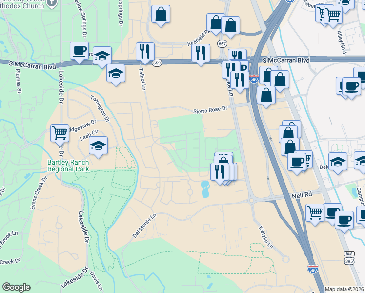 map of restaurants, bars, coffee shops, grocery stores, and more near 619 Camargue Trail in Reno