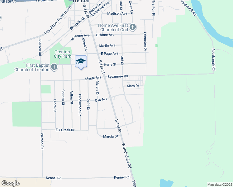map of restaurants, bars, coffee shops, grocery stores, and more near 302 East Oak Avenue in Trenton