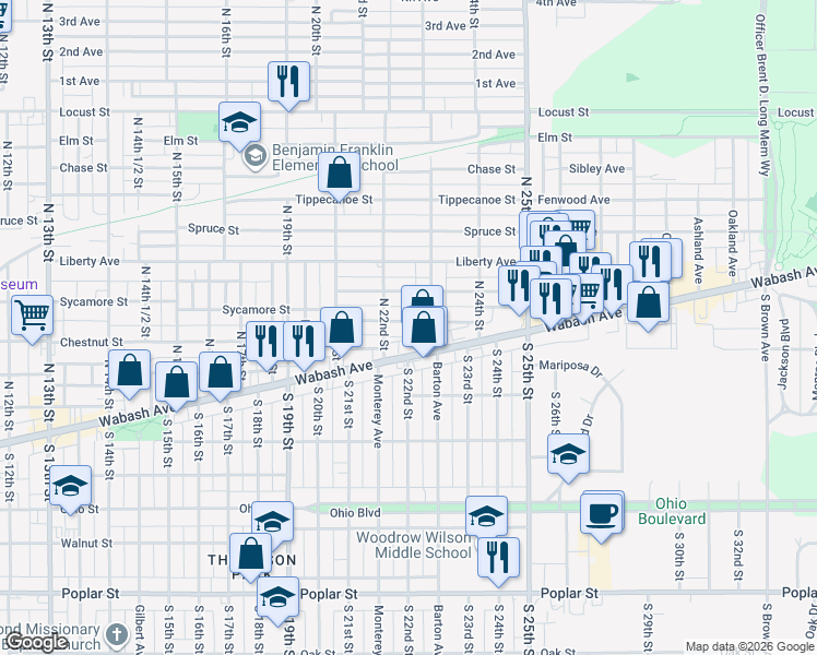map of restaurants, bars, coffee shops, grocery stores, and more near 2215 Sycamore Street in Terre Haute