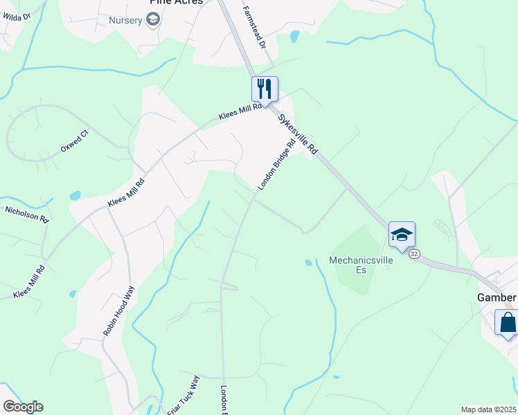 map of restaurants, bars, coffee shops, grocery stores, and more near 3771 London Bridge Road in Sykesville