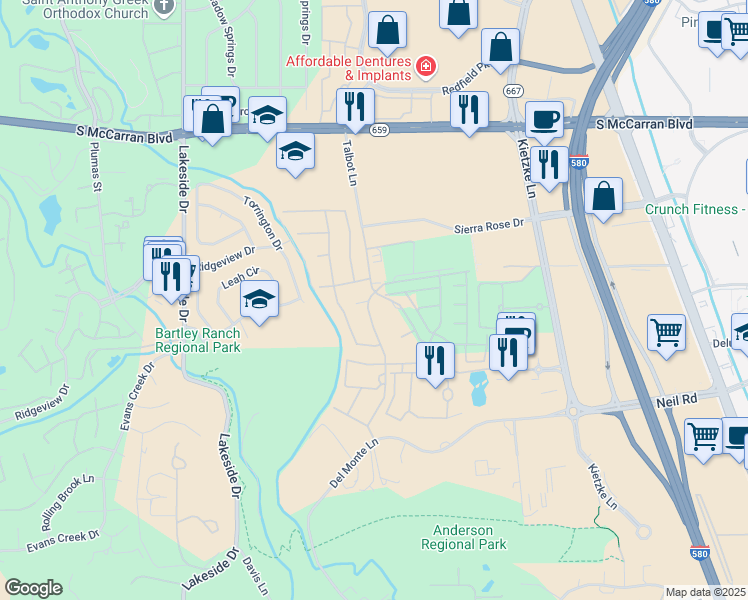 map of restaurants, bars, coffee shops, grocery stores, and more near 6136 Falabella Way in Reno