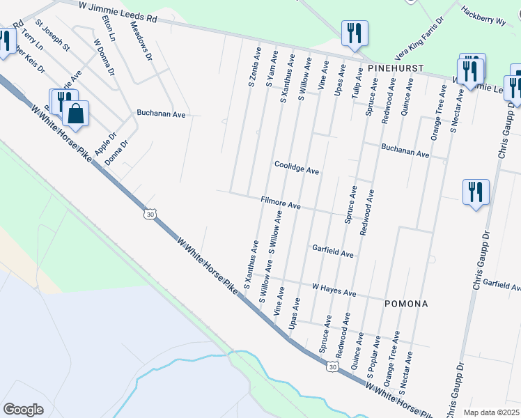 map of restaurants, bars, coffee shops, grocery stores, and more near 427 South Xanthus Avenue in Galloway
