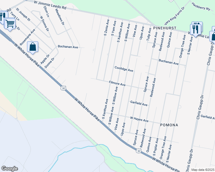 map of restaurants, bars, coffee shops, grocery stores, and more near 427 South Xanthus Avenue in Galloway