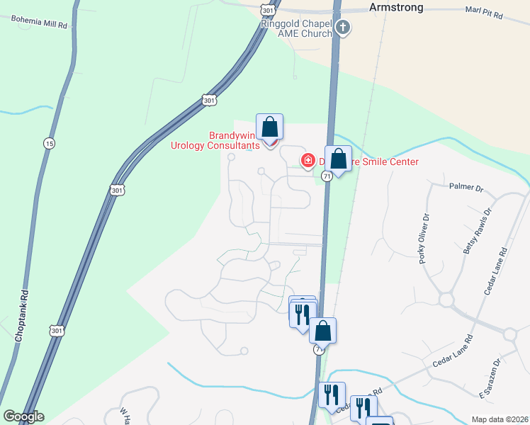 map of restaurants, bars, coffee shops, grocery stores, and more near 18 Springmill Drive in Middletown