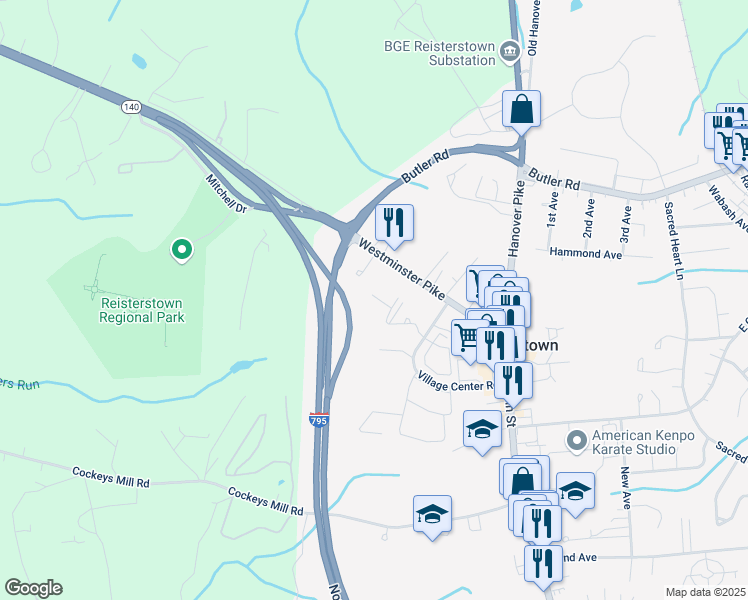map of restaurants, bars, coffee shops, grocery stores, and more near 300 Cantata Court in Reisterstown
