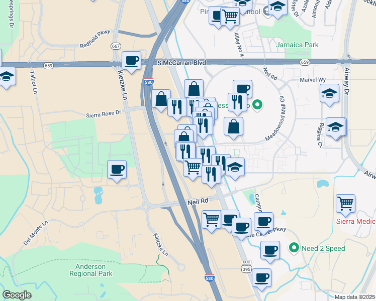 map of restaurants, bars, coffee shops, grocery stores, and more near 6001 South Virginia Street in Reno