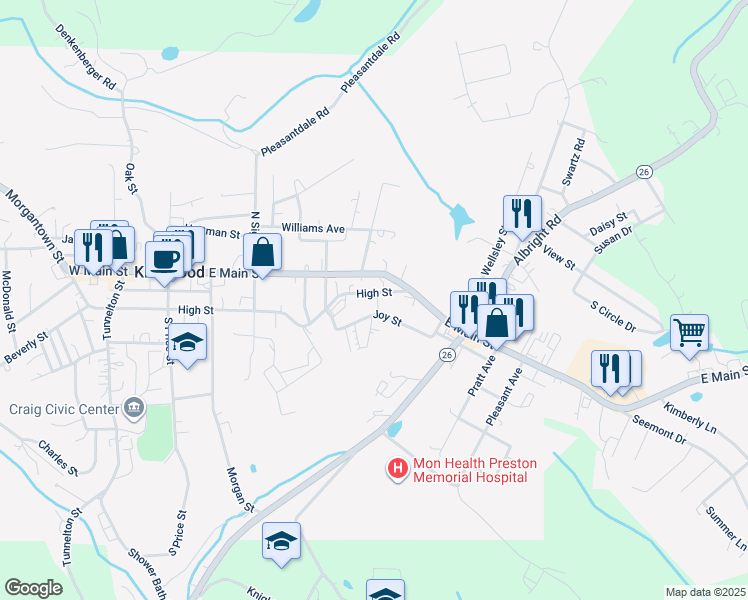 map of restaurants, bars, coffee shops, grocery stores, and more near 226 E High St in Kingwood