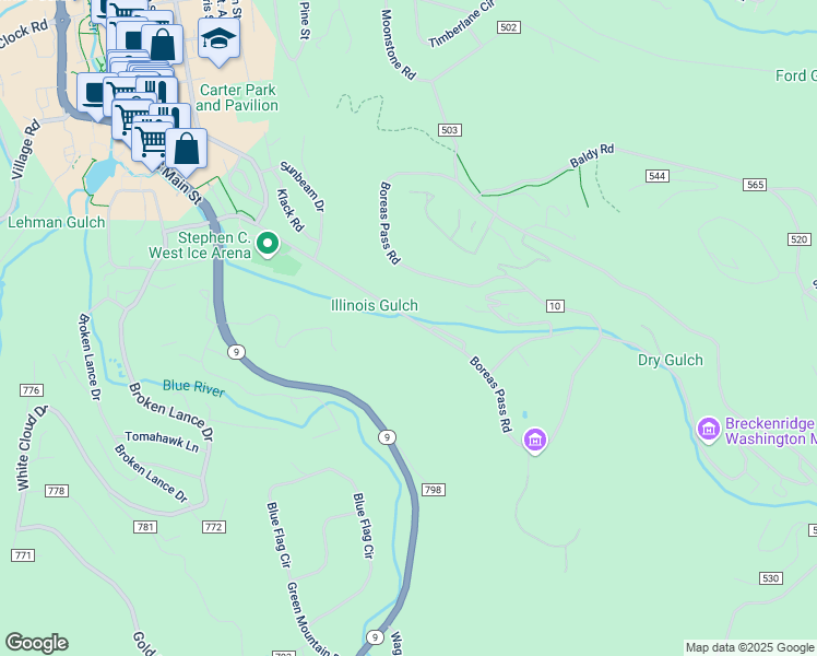 map of restaurants, bars, coffee shops, grocery stores, and more near 1003 Boreas Pass Road in Breckenridge