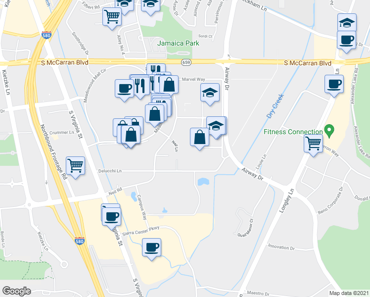 map of restaurants, bars, coffee shops, grocery stores, and more near 1543 Delucchi Lane in Reno