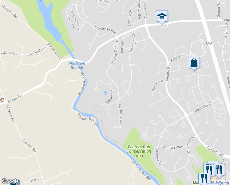 map of restaurants, bars, coffee shops, grocery stores, and more near 2319 Kateland Court in Abingdon