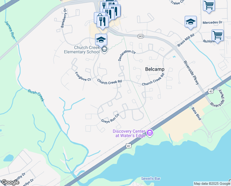 map of restaurants, bars, coffee shops, grocery stores, and more near 4207 Greys Run Circle in Belcamp
