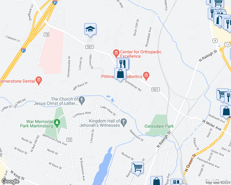map of restaurants, bars, coffee shops, grocery stores, and more near 213 Surrey Court in Martinsburg