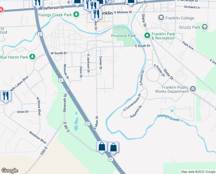 map of restaurants, bars, coffee shops, grocery stores, and more near 131 Champ Ulysses Street in Franklin