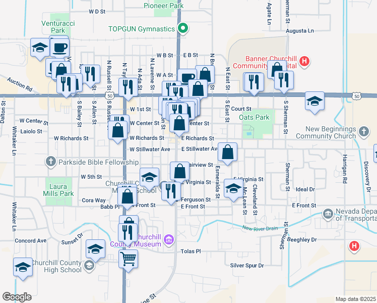 map of restaurants, bars, coffee shops, grocery stores, and more near 62 East Stillwater Avenue in Fallon