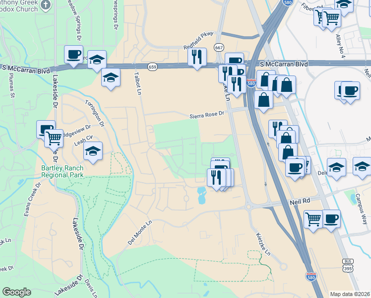 map of restaurants, bars, coffee shops, grocery stores, and more near 5524 Dapplegray Way in Reno