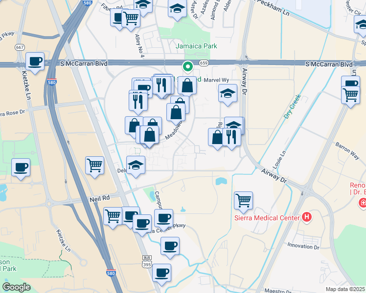 map of restaurants, bars, coffee shops, grocery stores, and more near 68 Neil Road in Reno